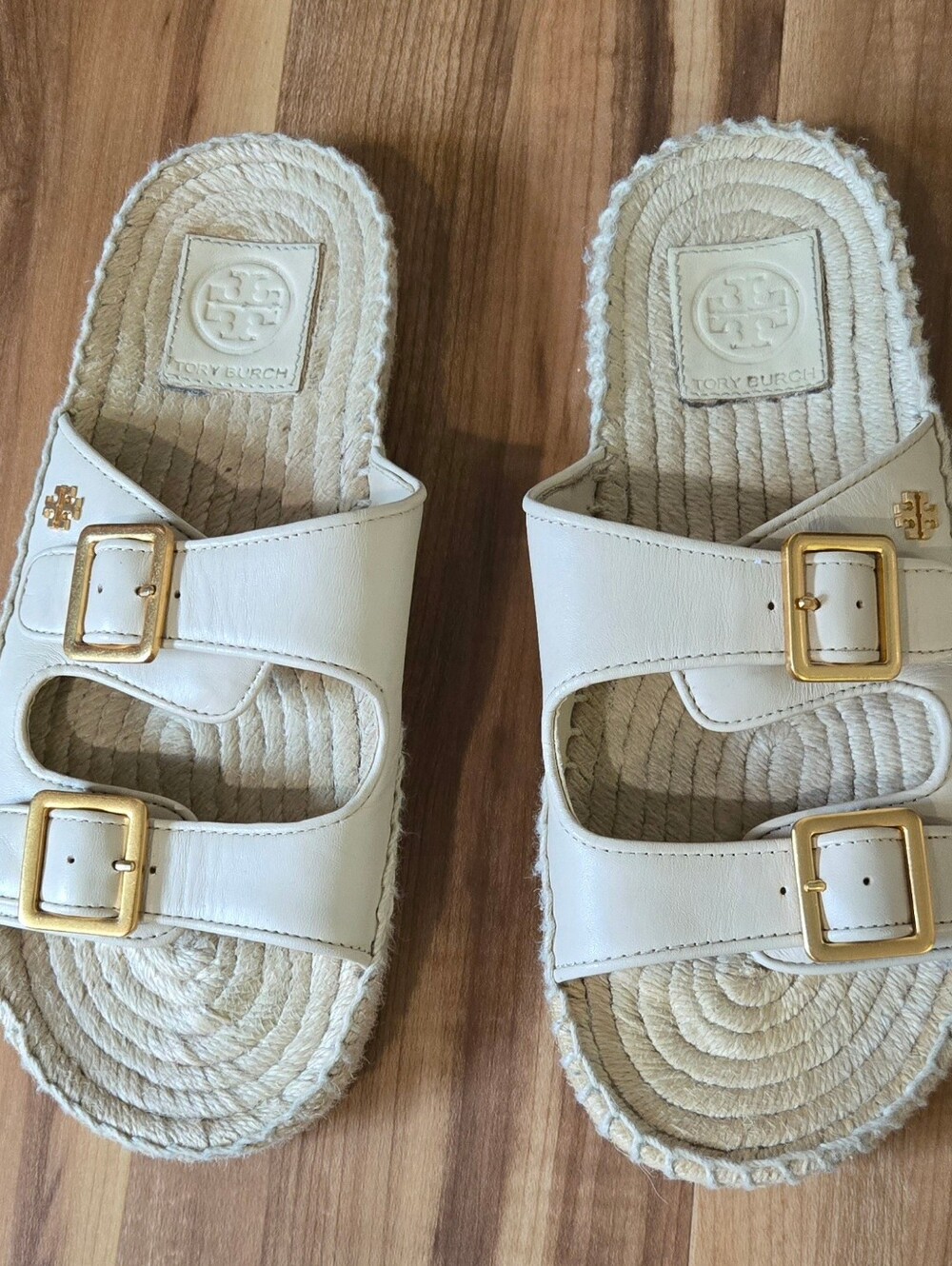 Tory Burch Cream Leather Double-Buckle Espadrille Slides with Gold Hardware
